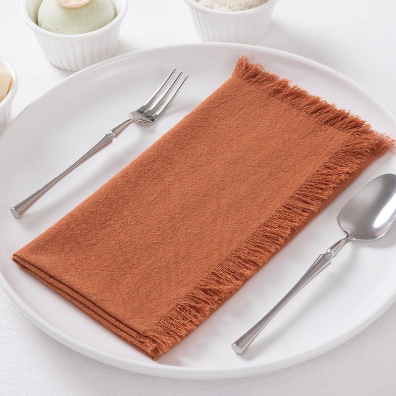DeZerlor 12 Pack Terracotta Fall Cloth Napkins Set of 12 Thanksgiving Burnt Orange Cotton Linen Napkins with Fringe Rust Boho Handmade Dinner Table Napkins Bulk for Wedding Baby Shower, 17 x 17 Inches - Image 2